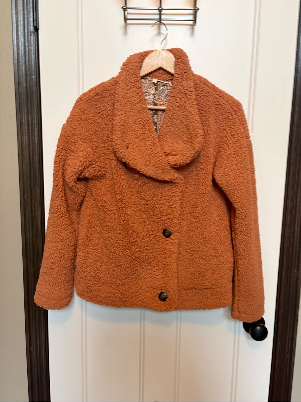 Mystree Burnt Orange Teddy Sherpa Paisley Silky Patterned Lining Jacket sz Small